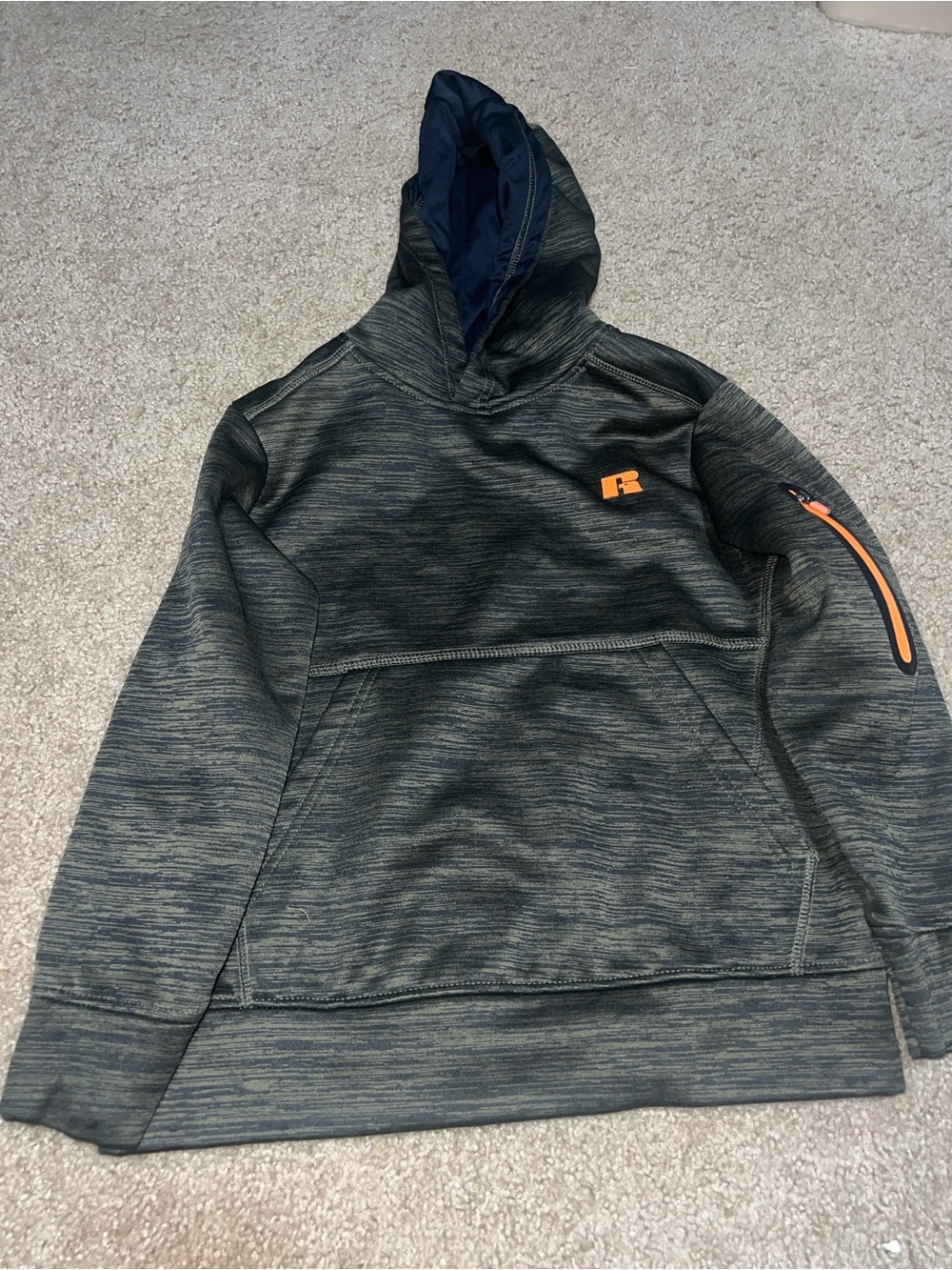 Russell Athletic Olive Green Hooded Performance Pullover with Orange Accents
